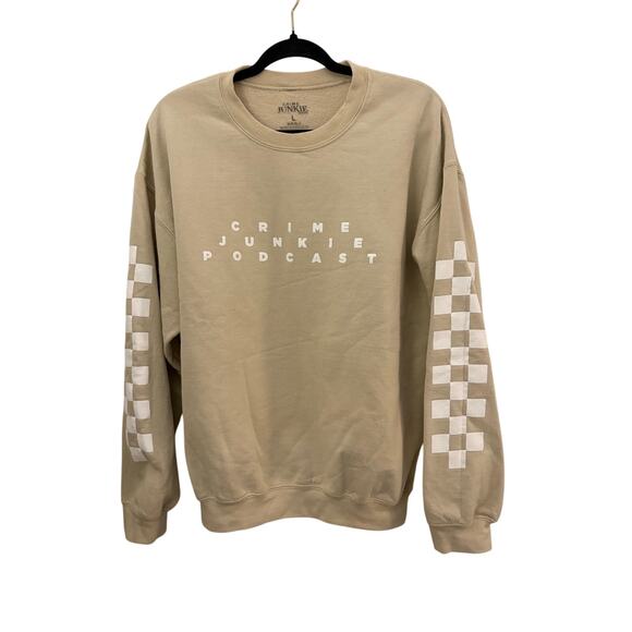 Crime Junkie Podcast Beige Sweatshirt Checkered Sleeve Accents 100% Cotton - Picture 1 of 7